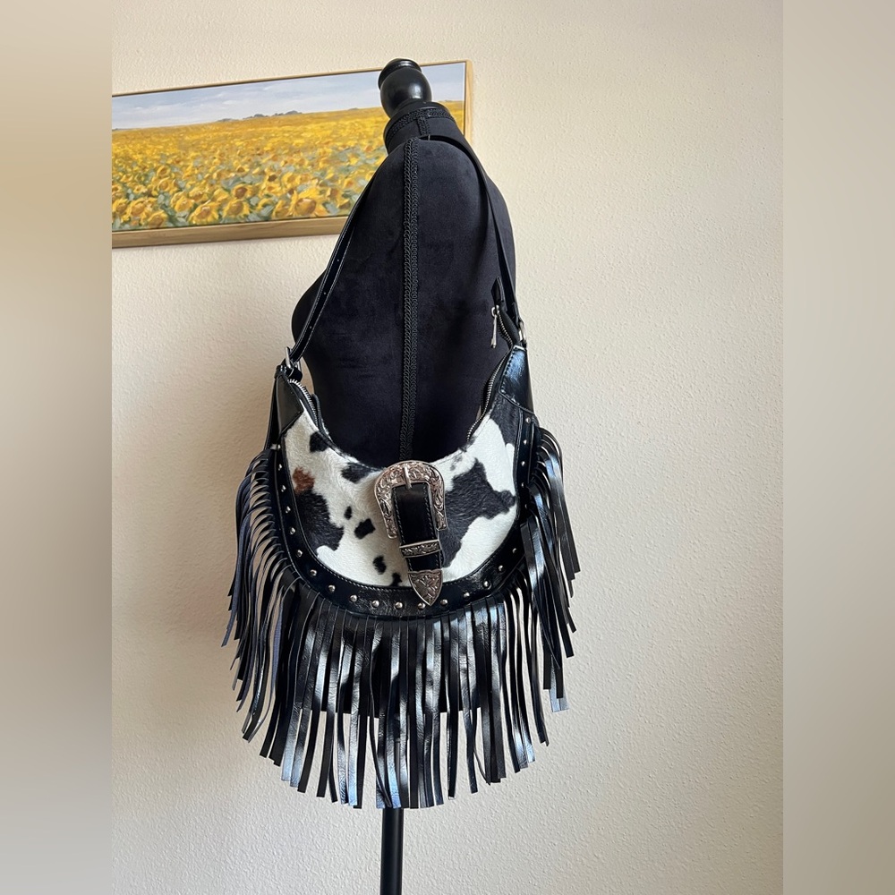 Fringed Black Leather & Cowhide Shoulder Bag with Western Buckle